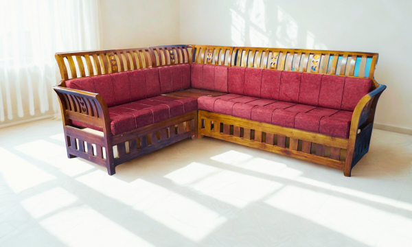 Teak Wood Corner Sofa 5 Seater with Maroon Cushions – Solid Wood Living Room Sofa (CMP-0001T)